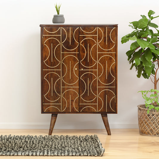 Abstract Gold Inlay Cabinet Solid Wood In Chestnut Finish