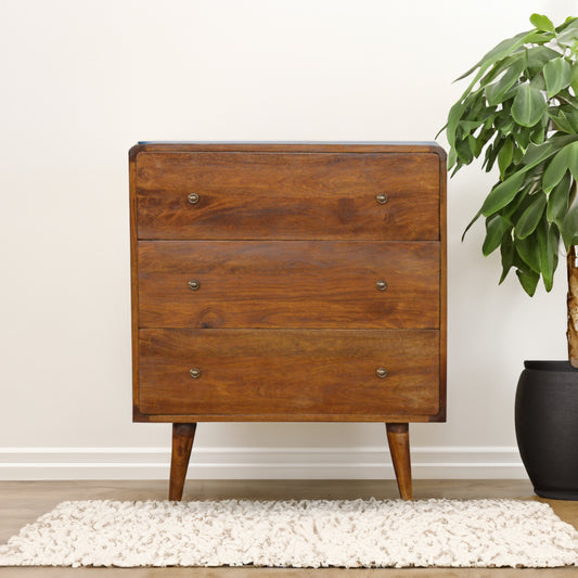 Curved 3 Drawer Solid Wood Chest Of Drawers In Chestnut Finish