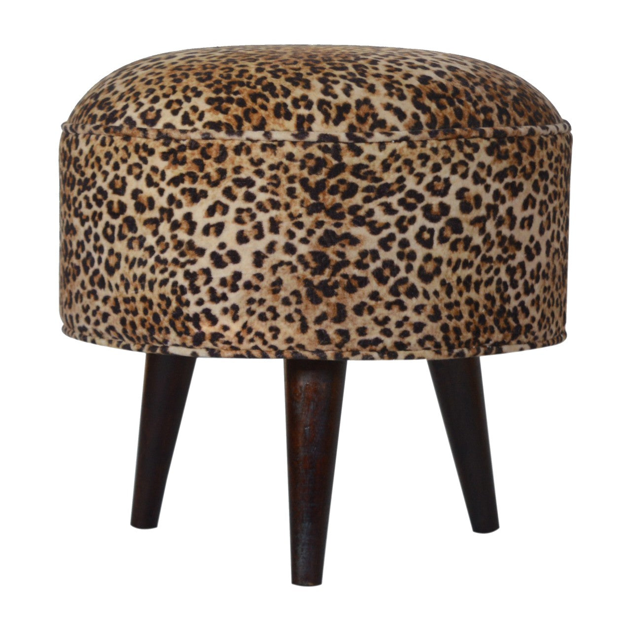 Solid Wood Leopard Print Velvet Footstool In Walnut Finish With Luxurious Cushioned Upholstery
