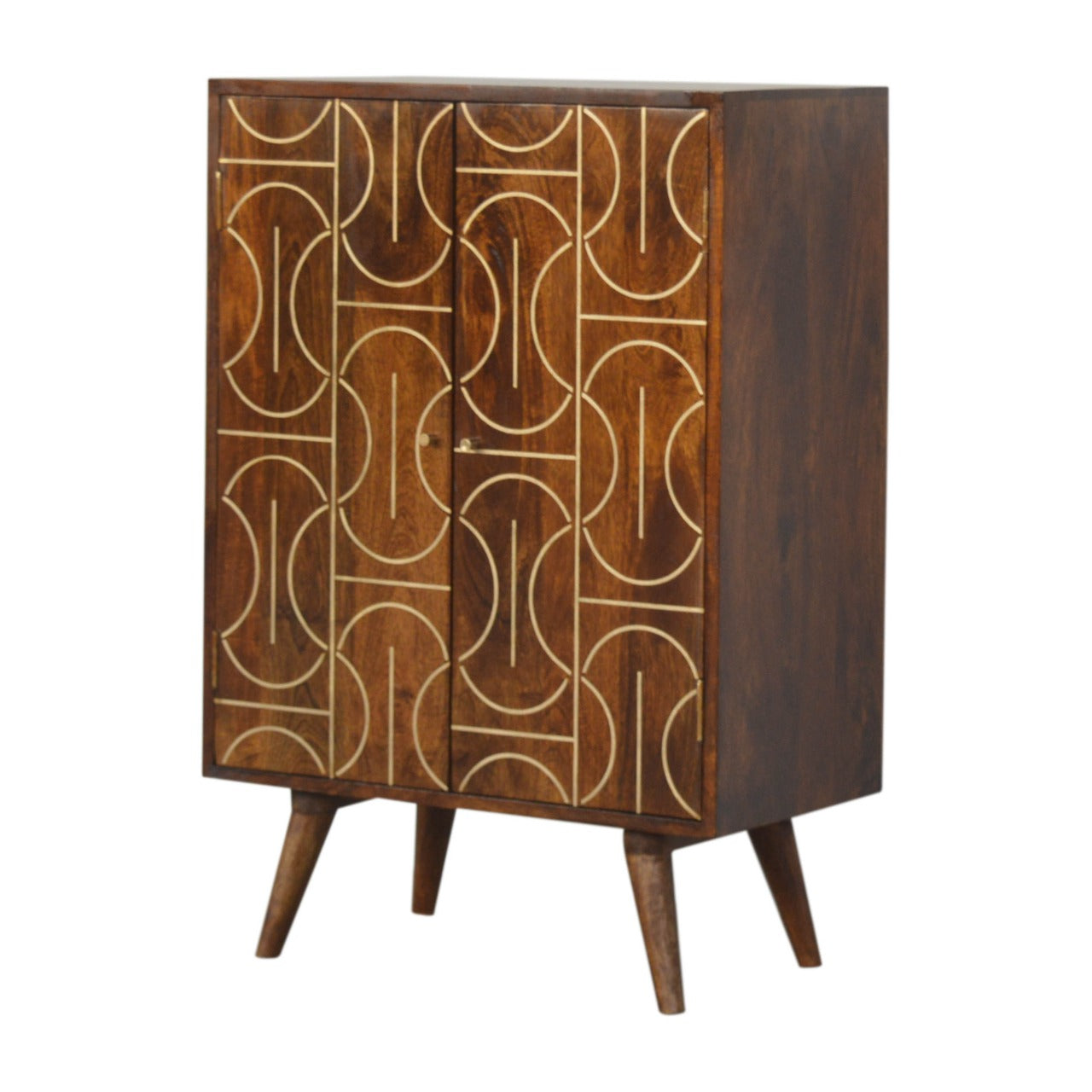 Abstract Gold Inlay Cabinet Solid Wood In Chestnut Finish