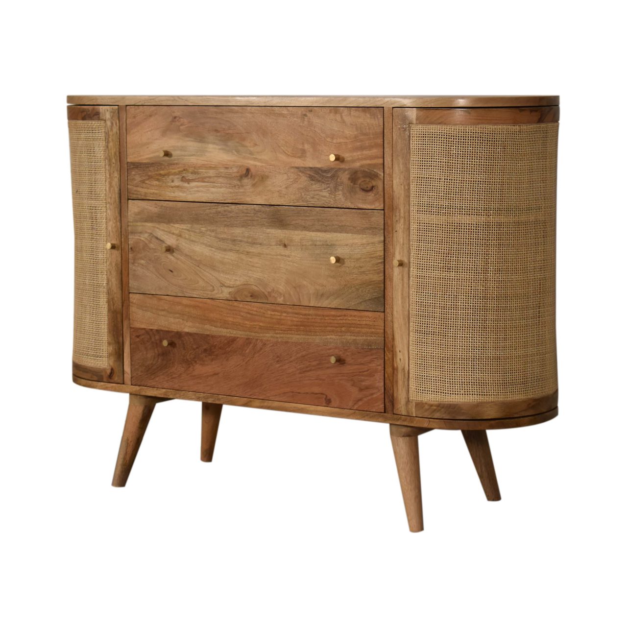 Woven Rattan 3 Drawer Cabinet Solid Wood In Oak Finish