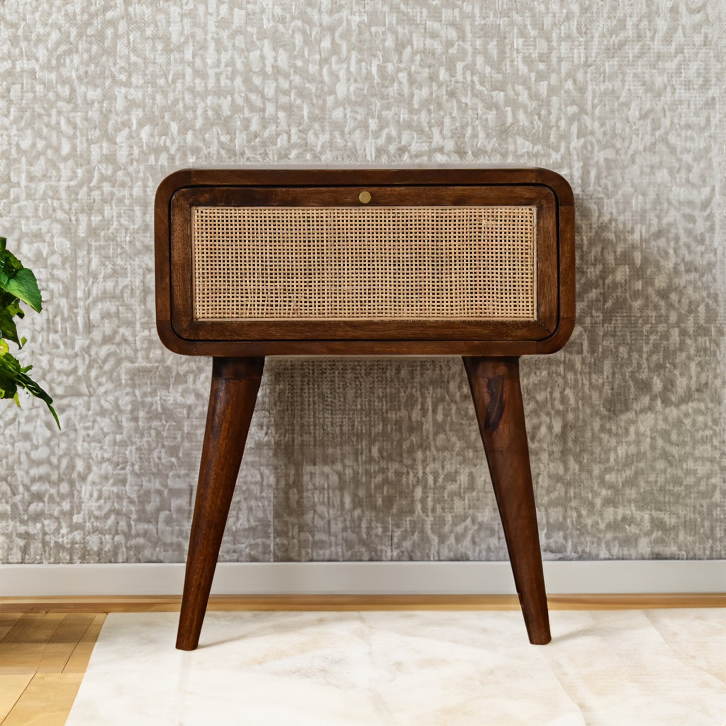 Woven Rattan Solid Wood Bedside Table in Chestnut finish