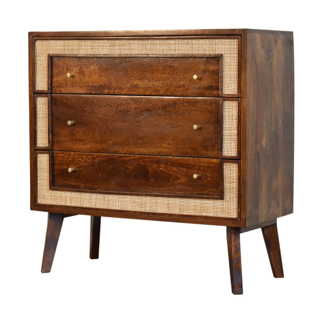 Woven Rattan Front Solid Wood Chest Of Drawers In Chestnut Finish