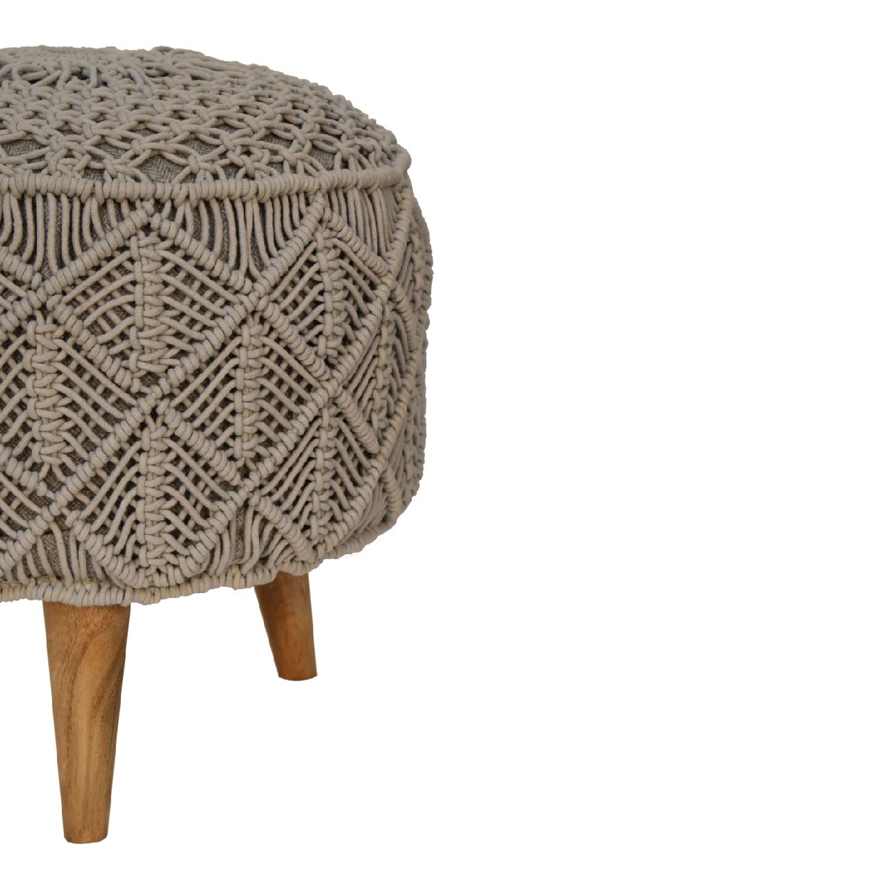Grey Crotchet Round Footstool in Oak Finish With Luxurious Cotton Upholstery