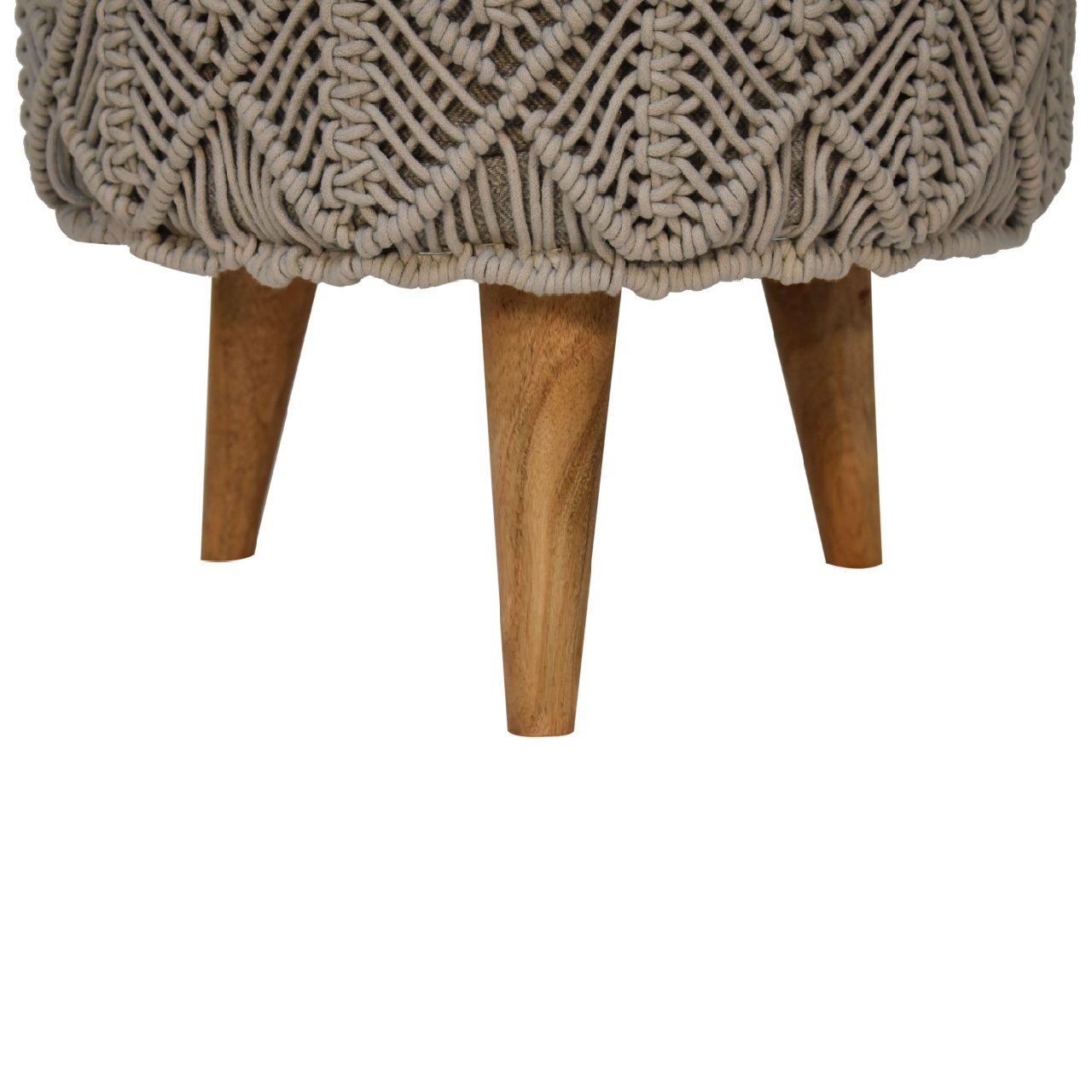 Grey Crotchet Round Footstool in Oak Finish With Luxurious Cotton Upholstery