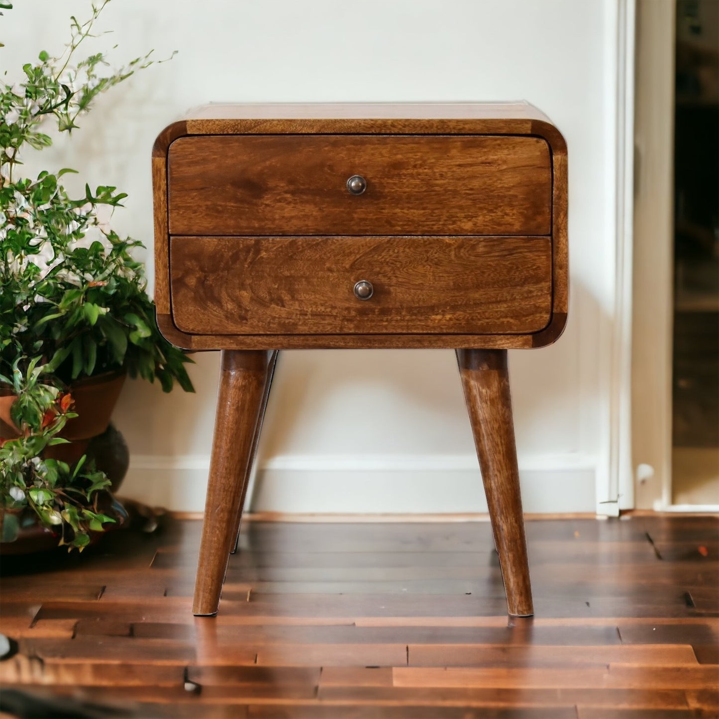 Curved Chestnut Solid Wood Bedside Table