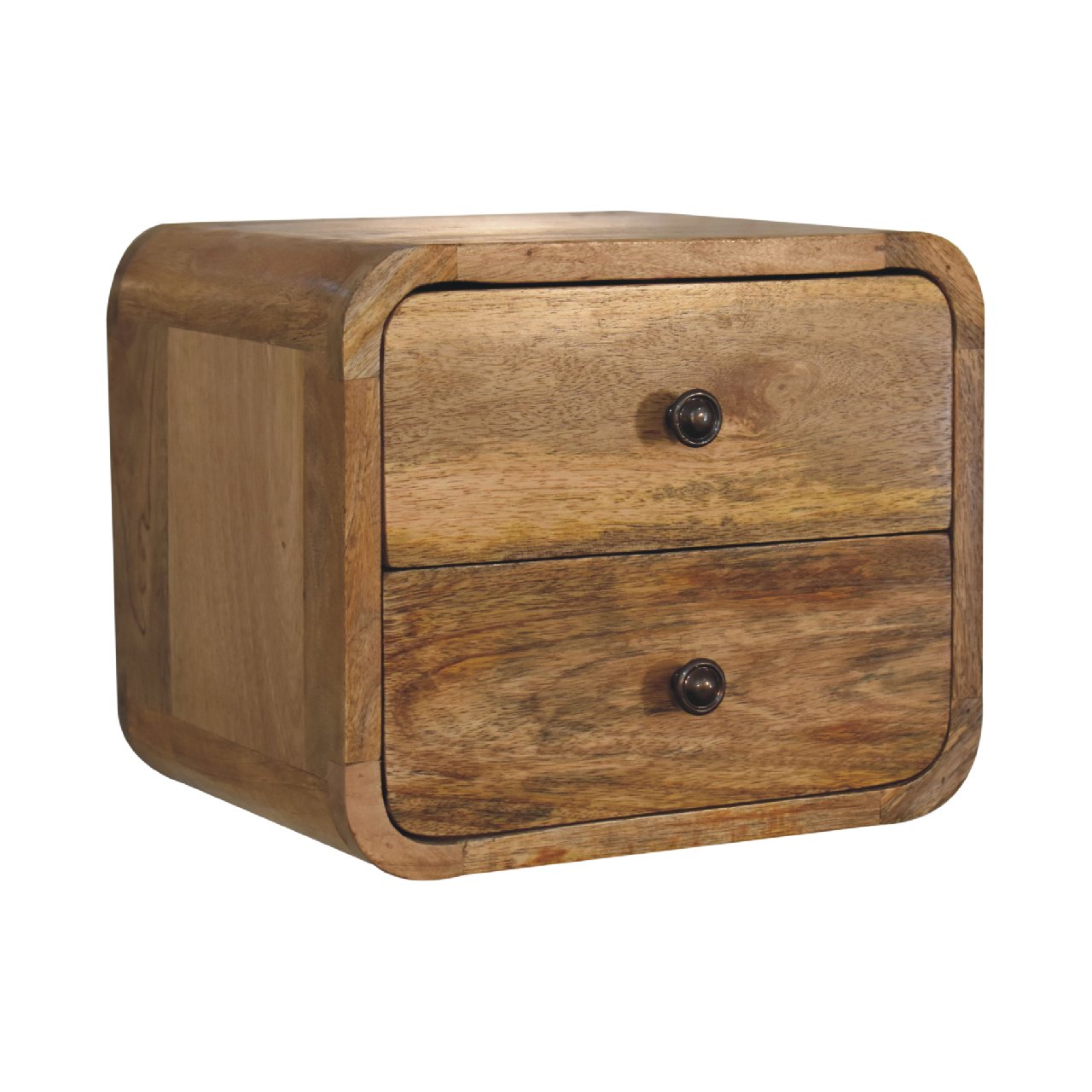 Mini Wall Mount Curved 2 Drawer Bedside Table in Oak Finish