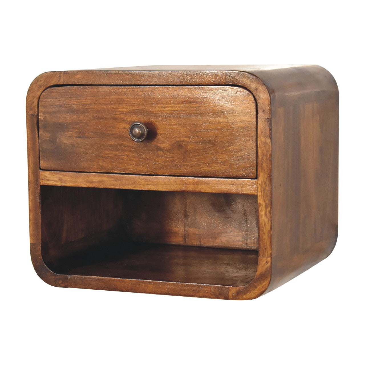 Mini Wall Mount Curved 1 Drawer Bedside Table in Chestnut Finish