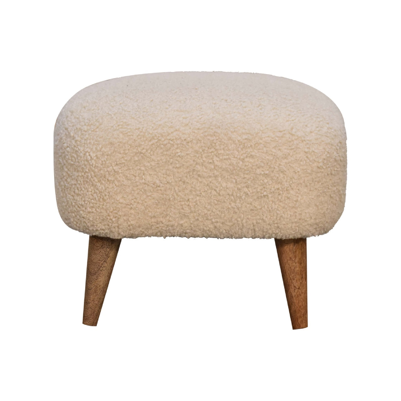 Bouclé Cream Square Footstool in Oak Finish With Luxurious Cushioned Upholstery