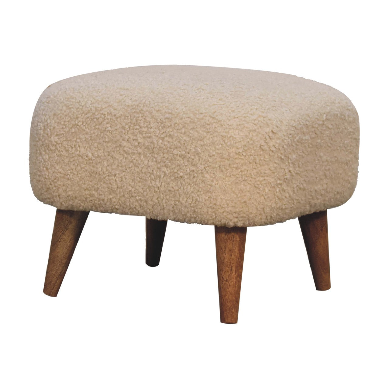 Bouclé Cream Square Footstool in Oak Finish With Luxurious Cushioned Upholstery