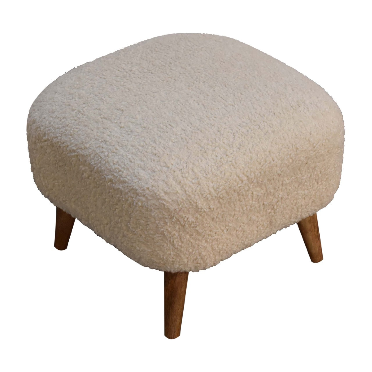 Bouclé Cream Square Footstool in Oak Finish With Luxurious Cushioned Upholstery