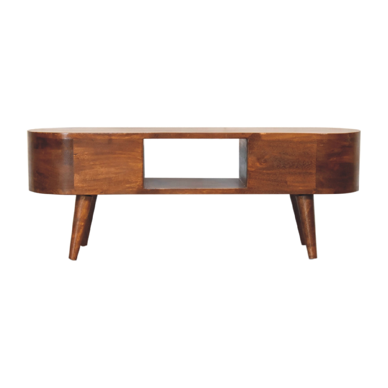 Rounded 2 Drawer Solid Wood TV Stand In Chestnut Finish