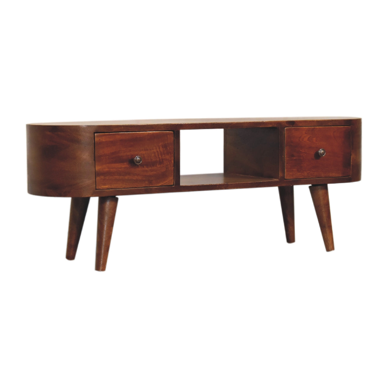 Rounded 2 Drawer Solid Wood TV Stand In Chestnut Finish