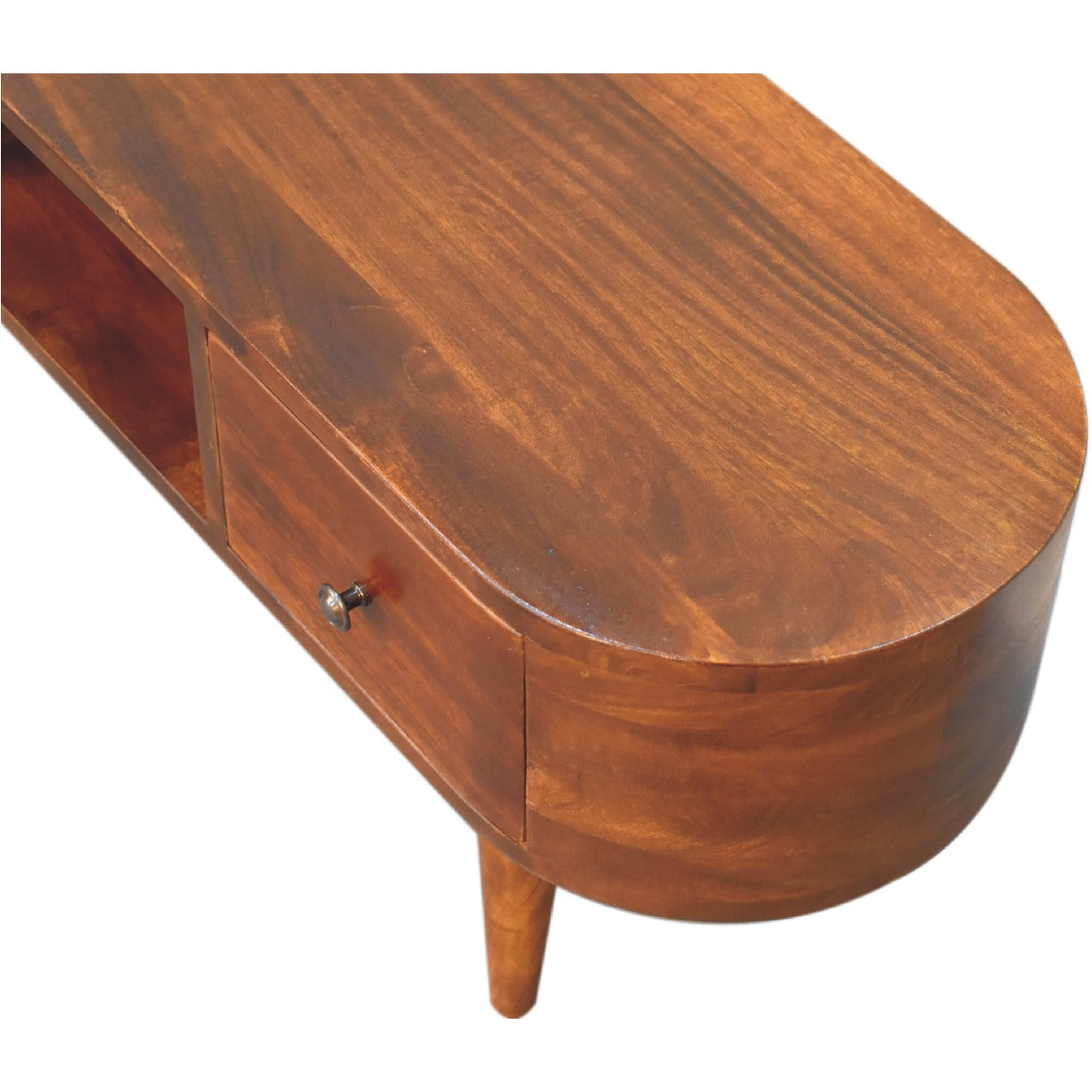 Rounded 2 Drawer Solid Wood TV Stand In Chestnut Finish