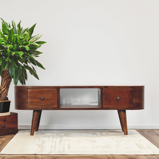 Rounded 2 Drawer Solid Wood TV Stand In Chestnut Finish