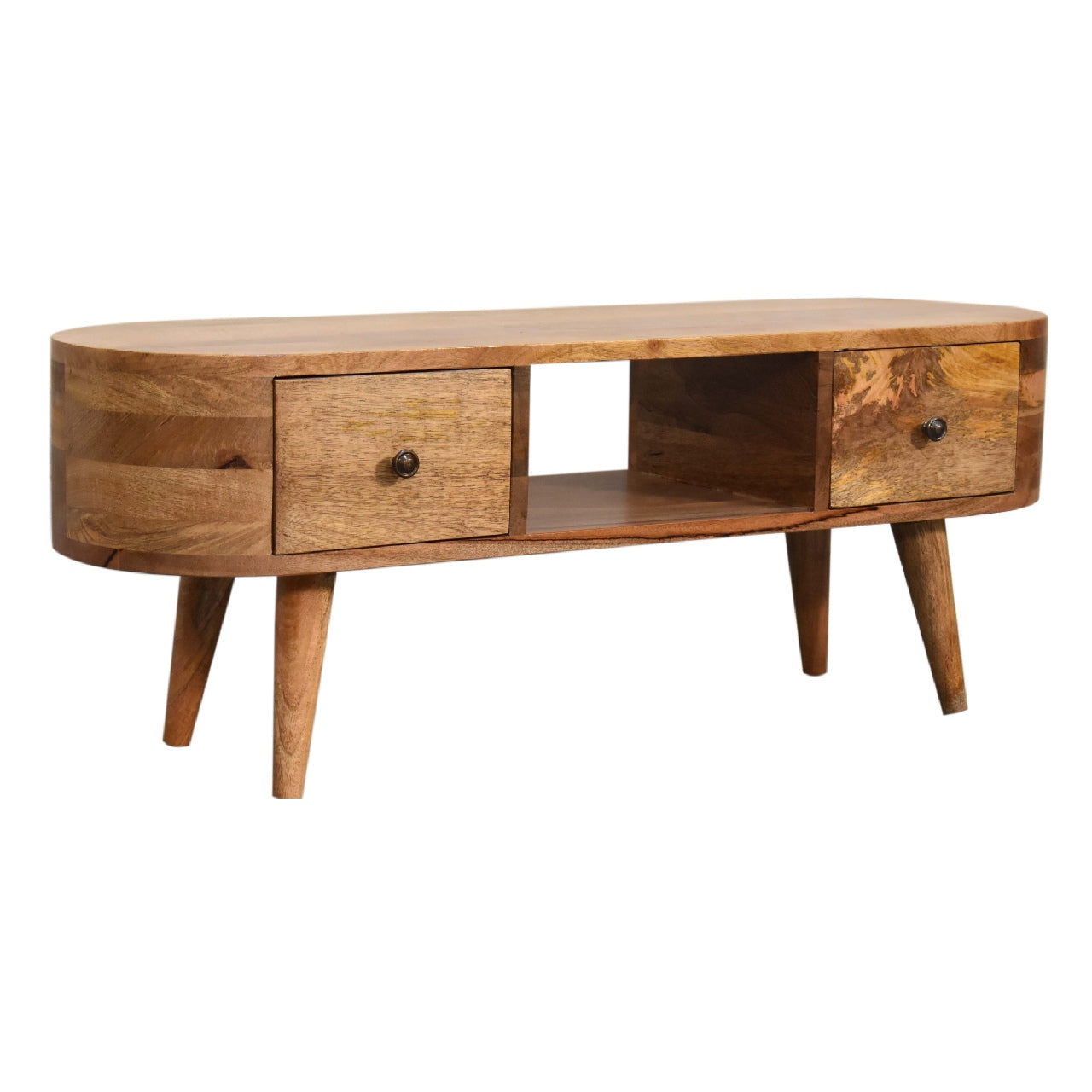 Rounded 2 Drawer Solid Wood TV Stand In Oak Finish