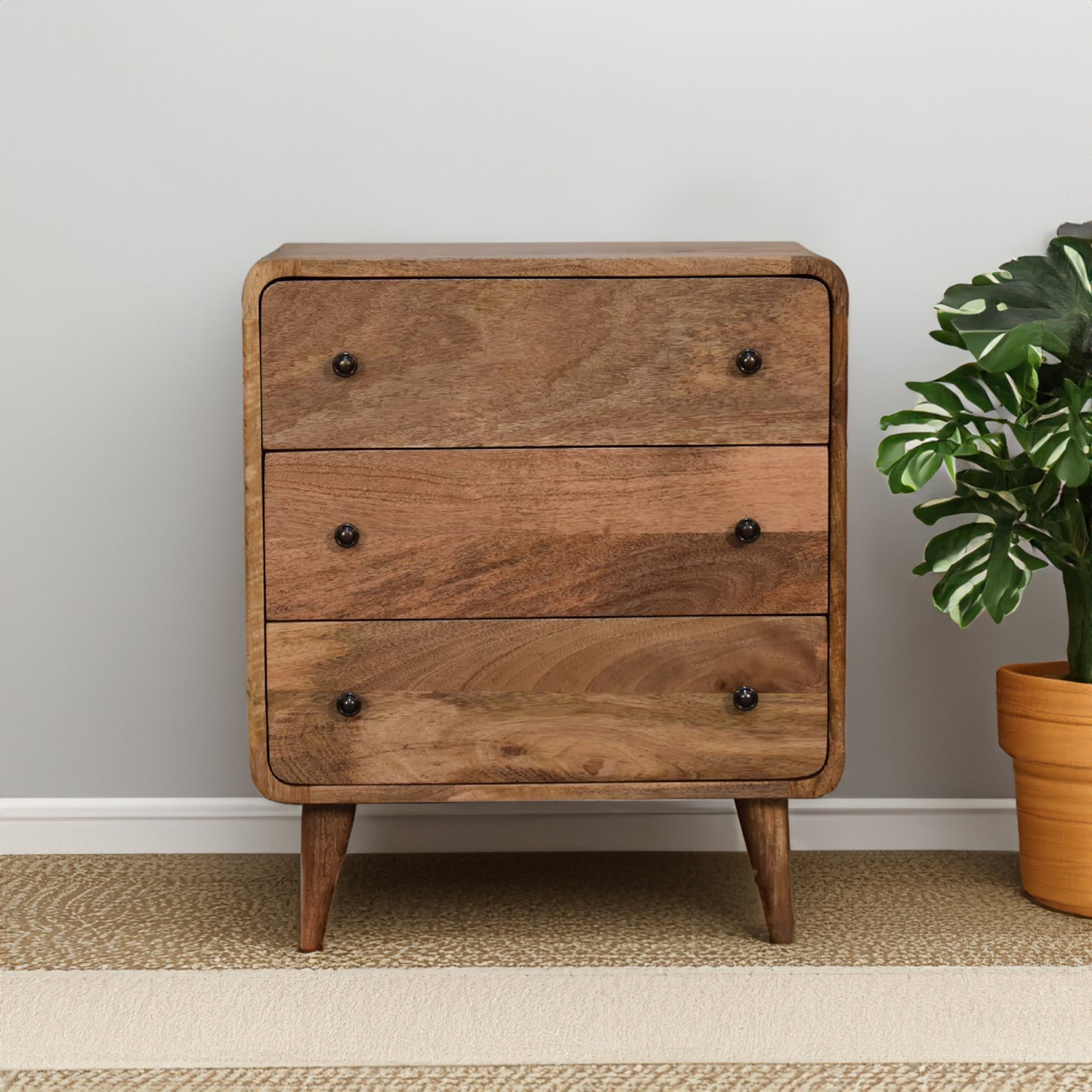 Mini Curved 3 Drawer Solid Wood Chest Of Drawers In Oak Finish