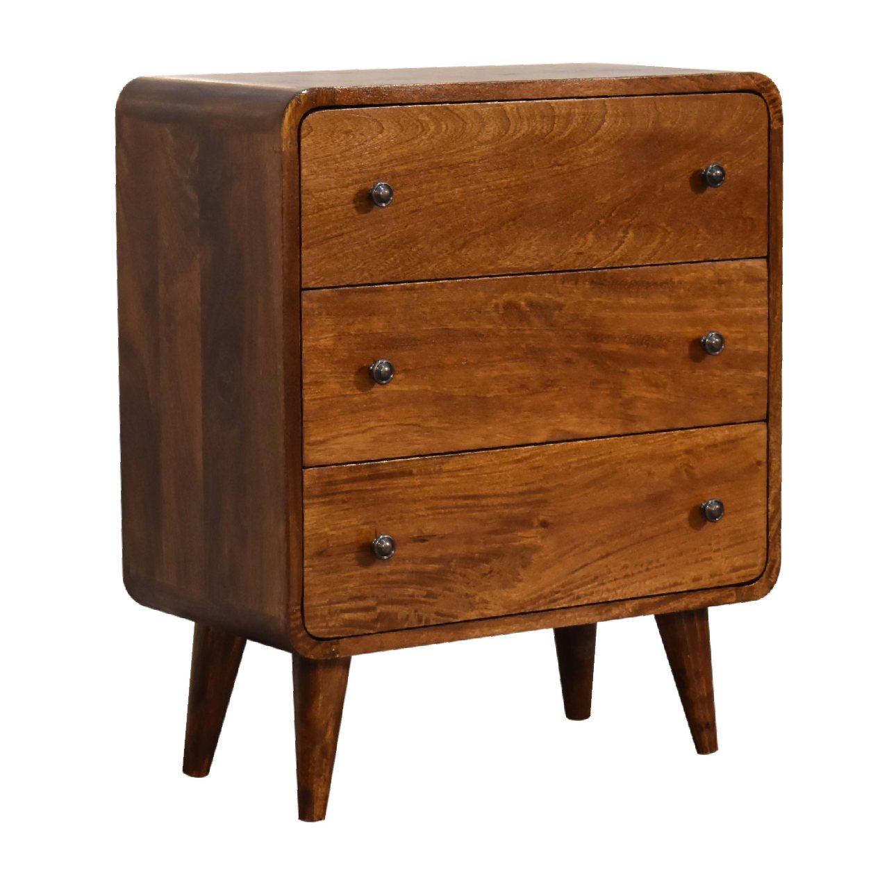 Mini Curved 3 Drawer Solid Wood Chest Of Drawers In Chestnut Finish