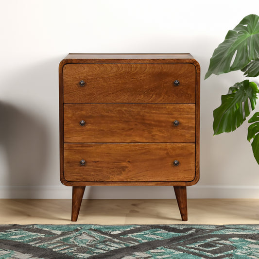 Mini Curved 3 Drawer Solid Wood Chest Of Drawers In Chestnut Finish