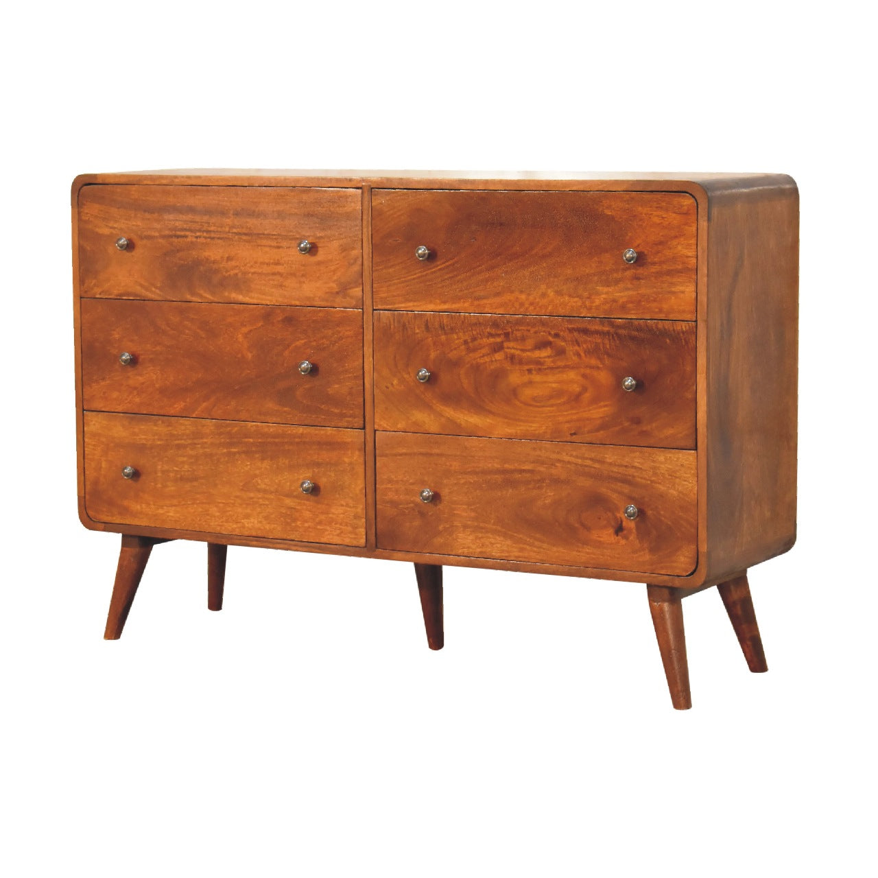 Large Curved 6 Drawer Solid Wood Chest Of Drawers In Chestnut Finish