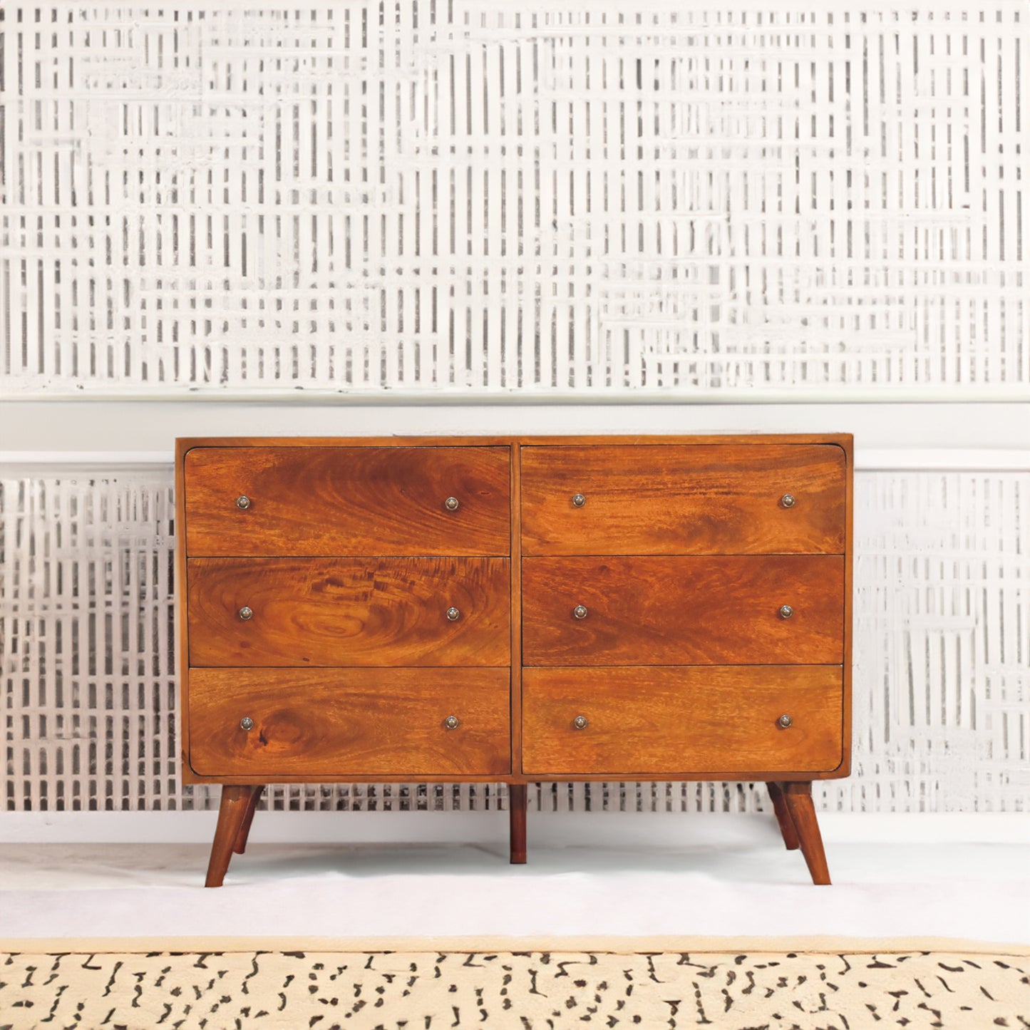 Large Curved 6 Drawer Solid Wood Chest Of Drawers In Chestnut Finish