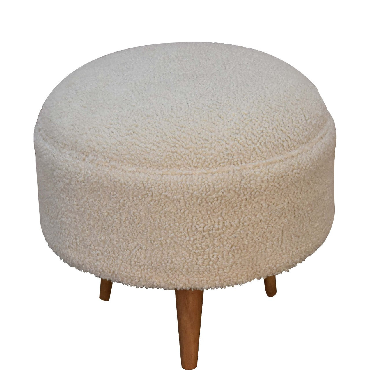 Bouclé Cream Round Footstool in Oak Finish With Luxurious Cushioned Upholstery