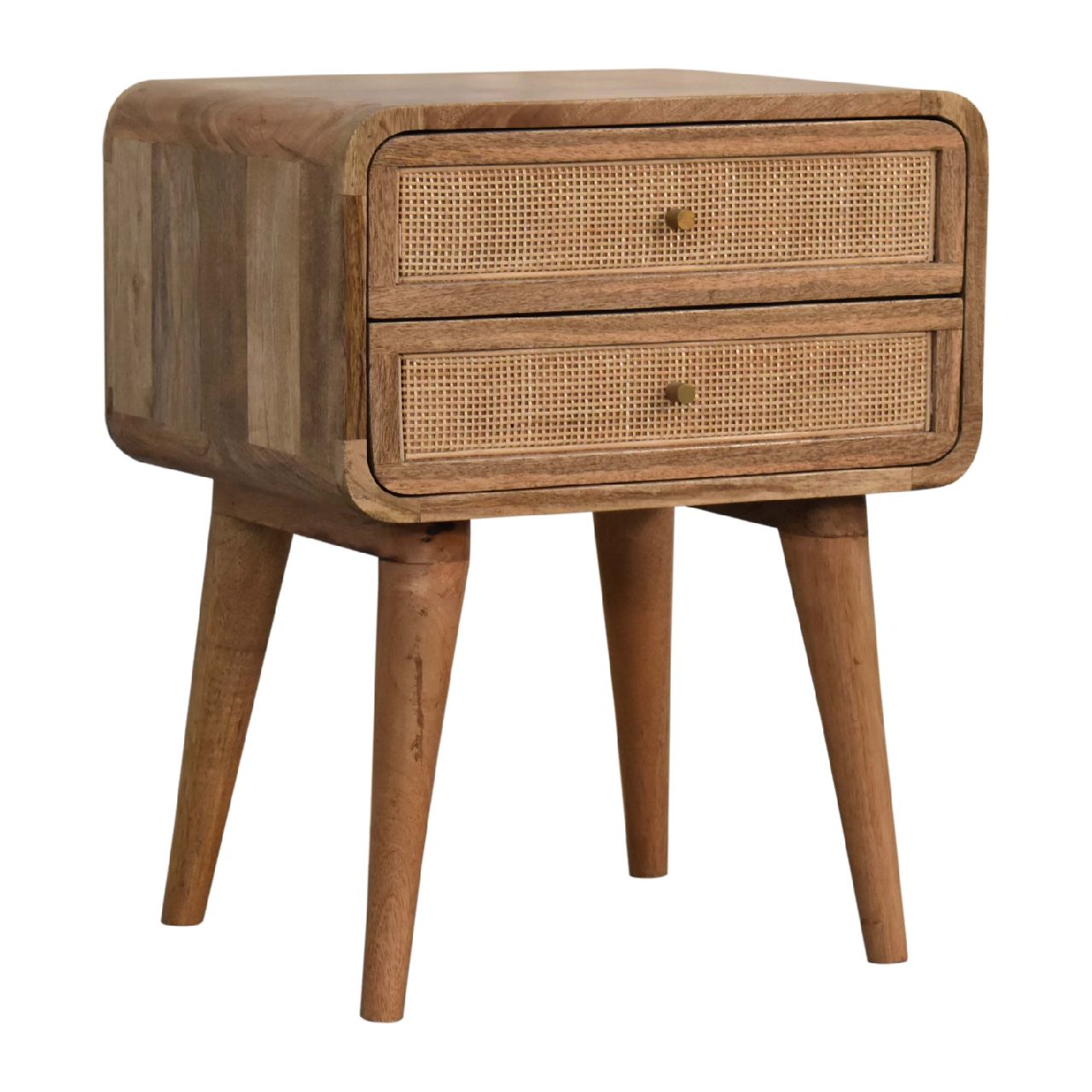 Woven Rattan Front 2 Drawer Solid Wood Bedside Table In Oak Finish