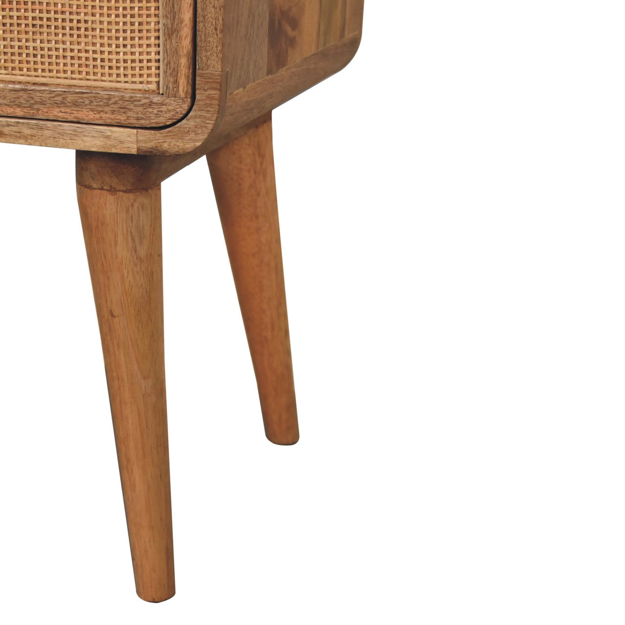 Woven Rattan Front 2 Drawer Solid Wood Bedside Table In Oak Finish