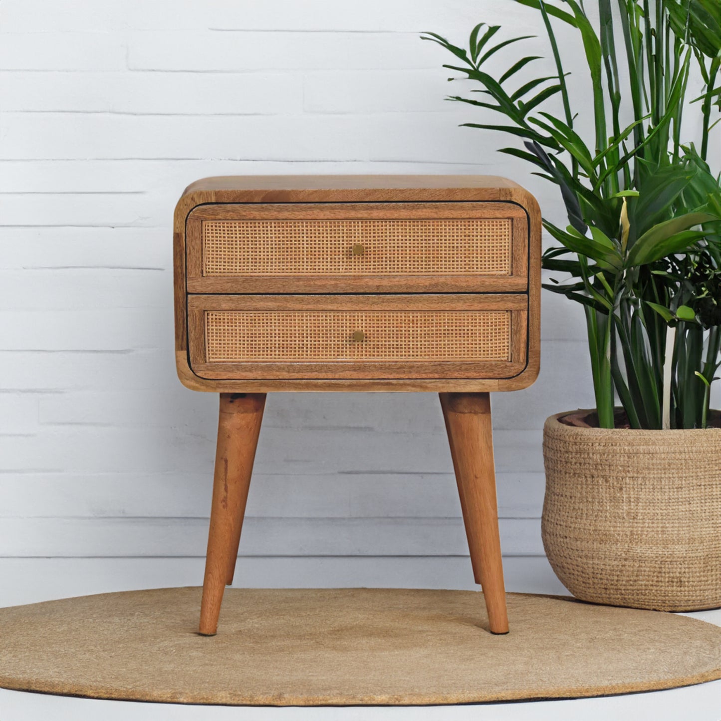 Woven Rattan Front 2 Drawer Solid Wood Bedside Table In Oak Finish