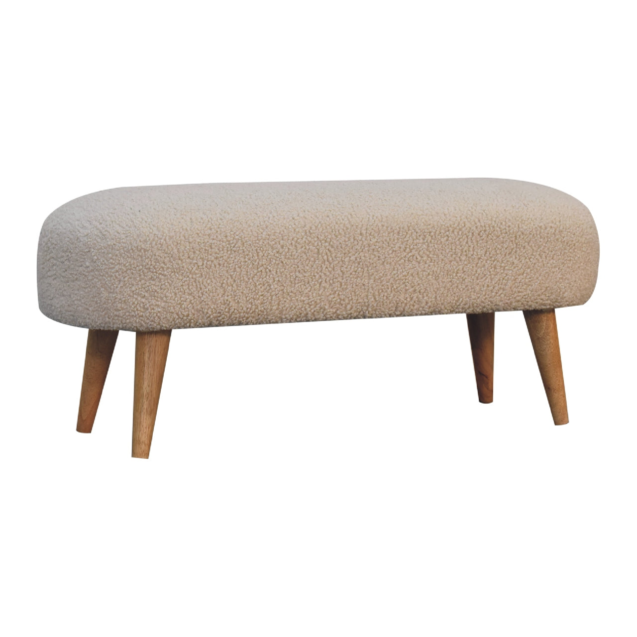 Bouclé Cream Hallway or End of Bed Bench in Oak Finish With Luxurious Cushioned Upholstery