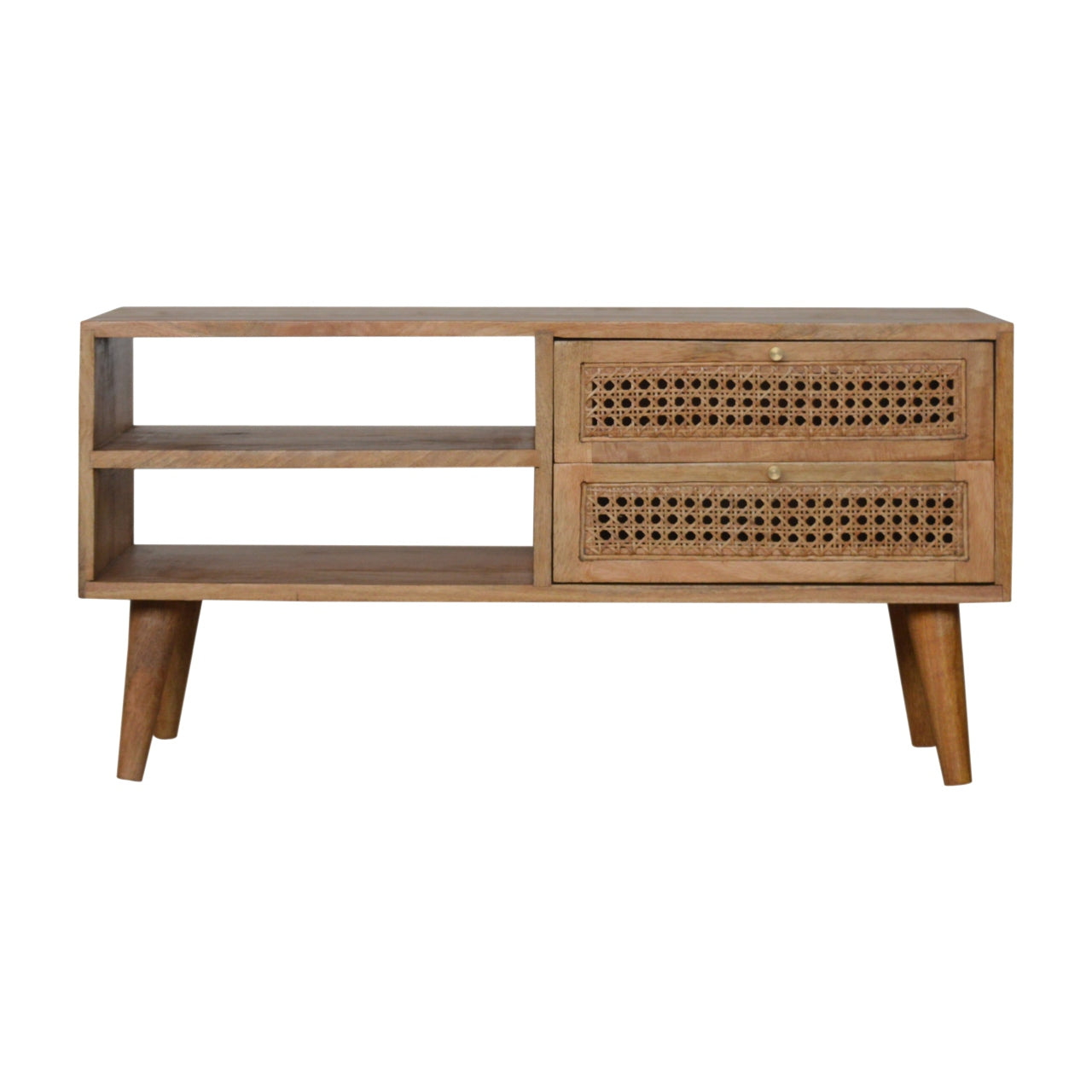 Woven Rattan Solid Wood TV Stand In Oak Finish