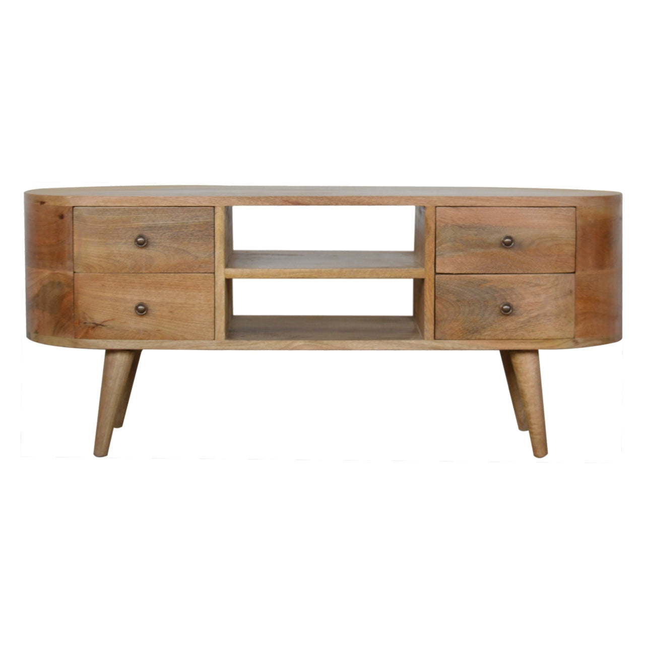 Rounded Solid Wood TV Stand In Oak Finish