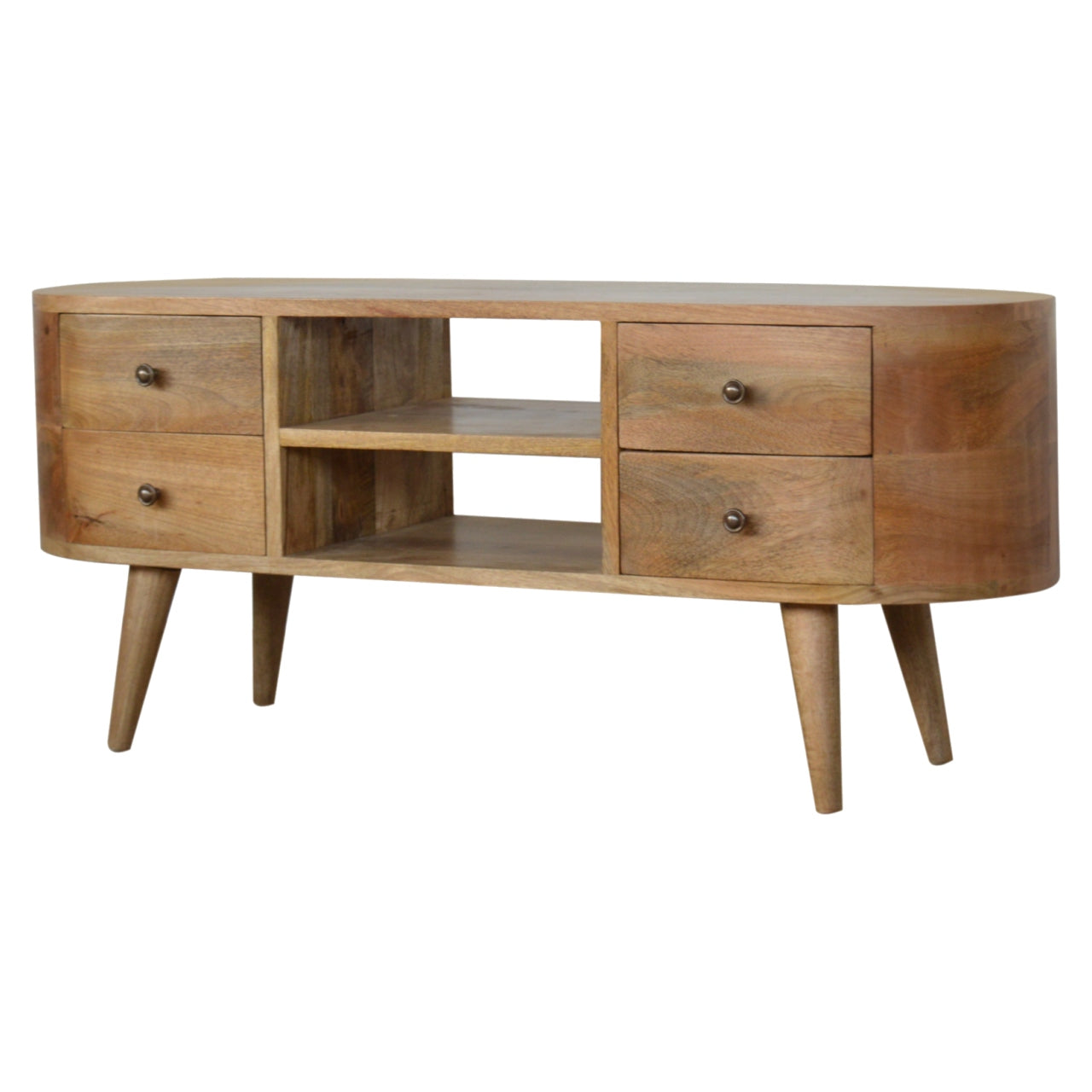 Rounded Solid Wood TV Stand In Oak Finish