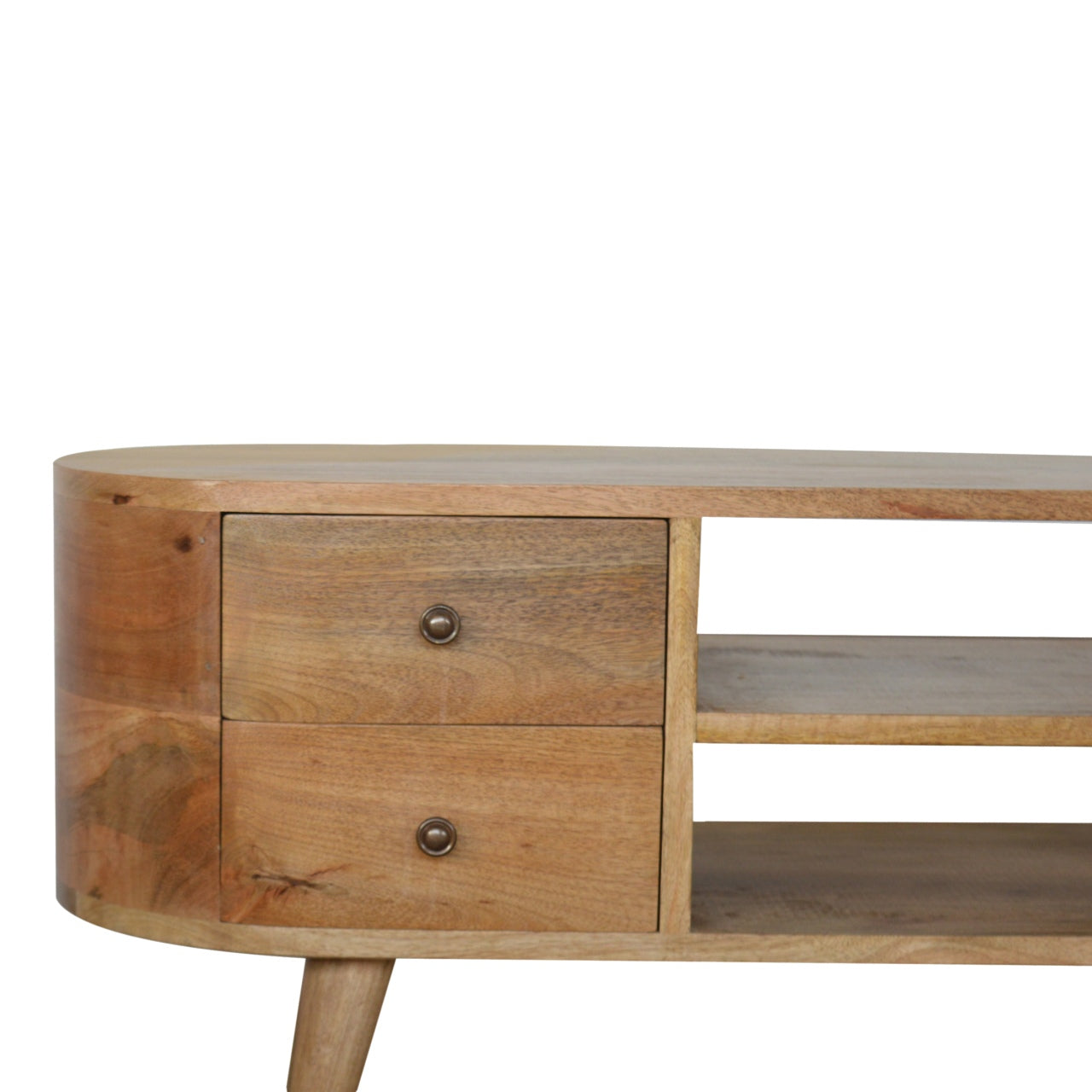 Rounded Solid Wood TV Stand In Oak Finish