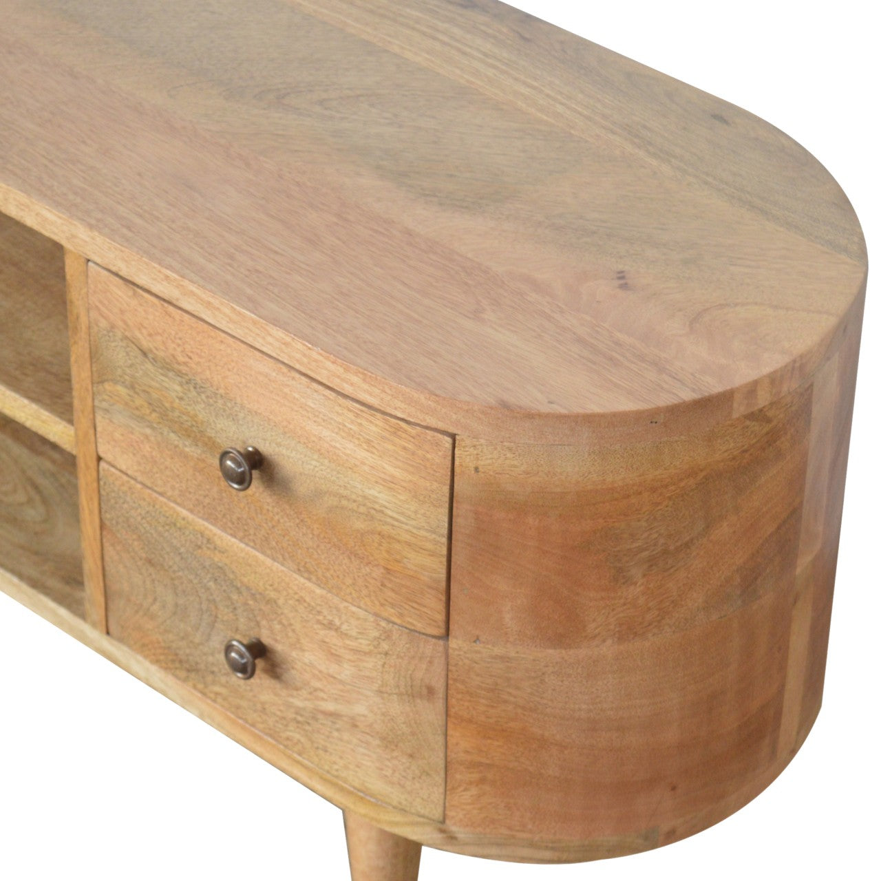 Rounded Solid Wood TV Stand In Oak Finish