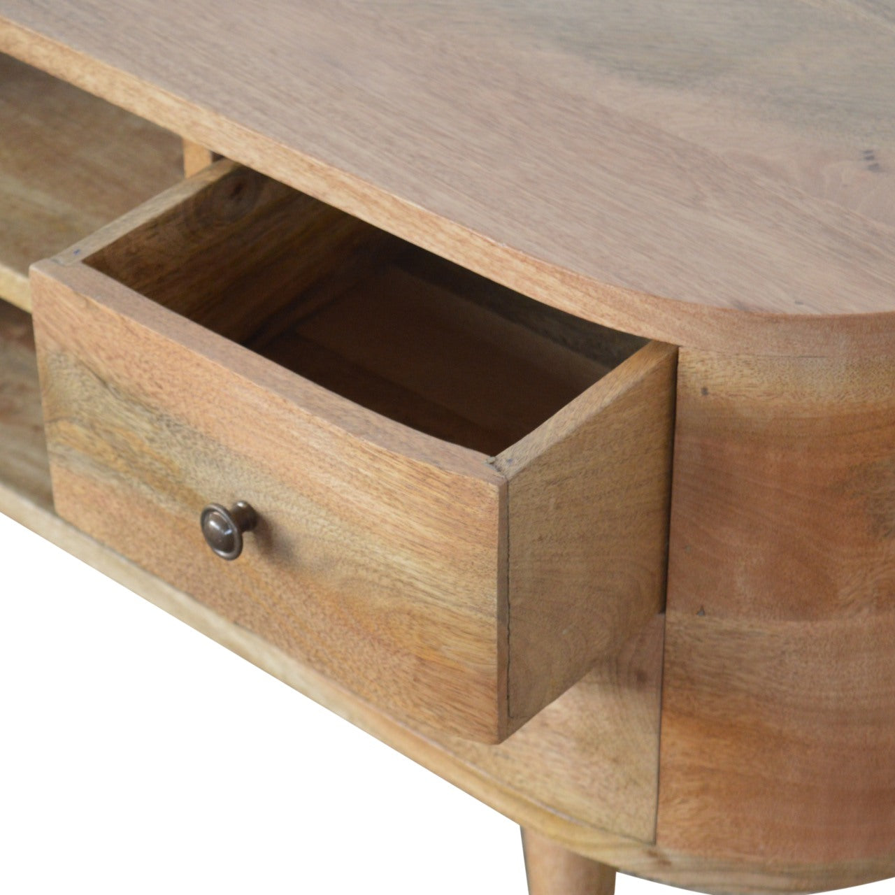 Rounded Solid Wood TV Stand In Oak Finish