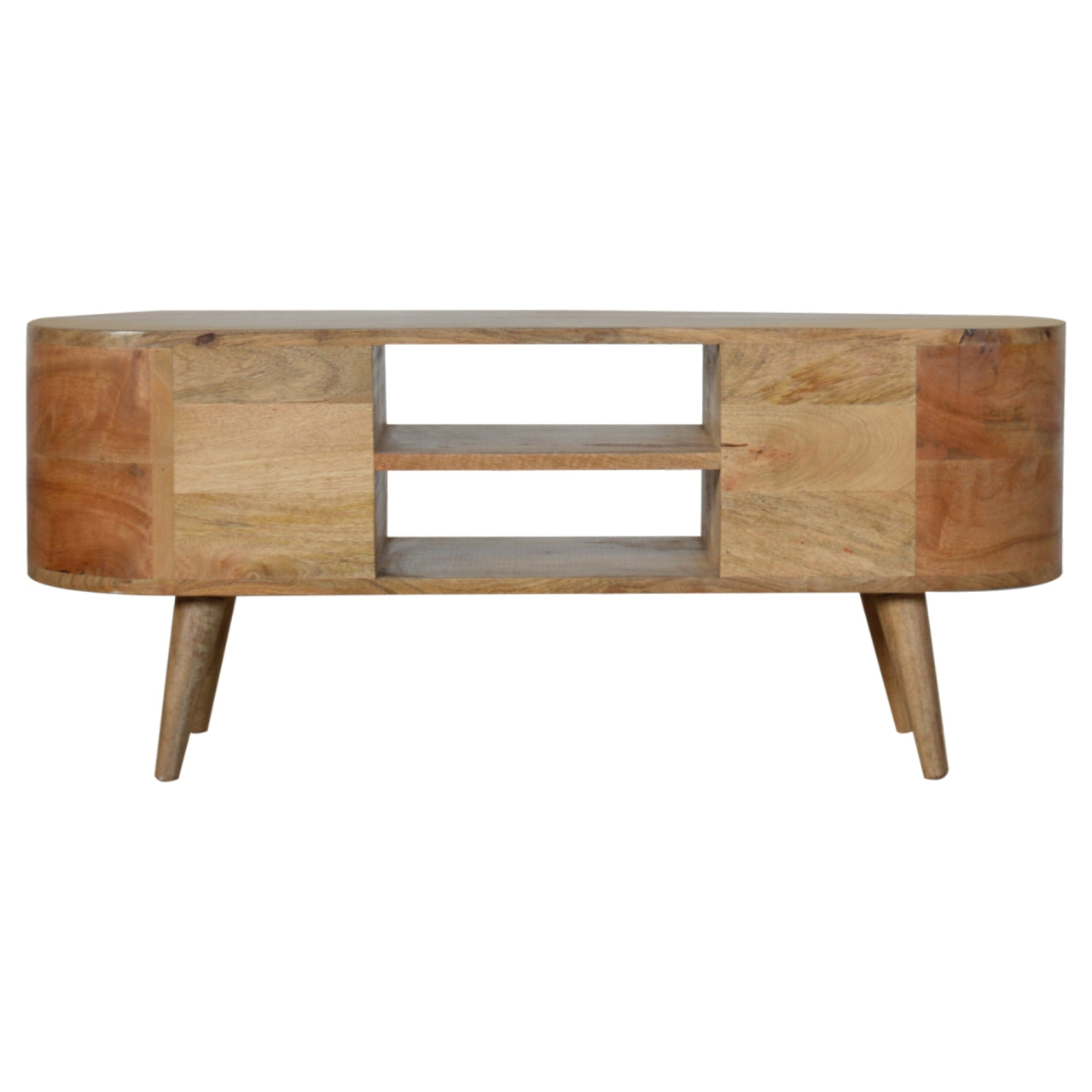 Rounded Solid Wood TV Stand In Oak Finish