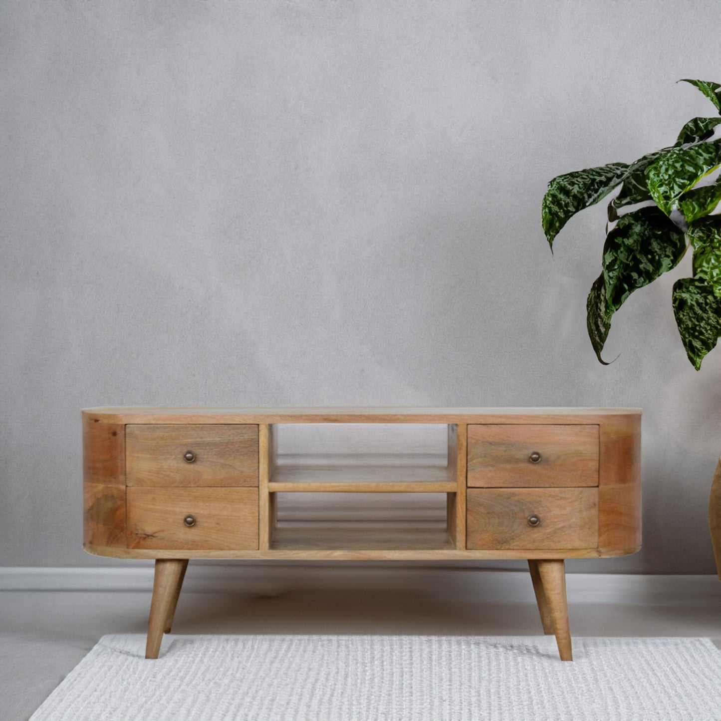 Rounded Solid Wood TV Stand In Oak Finish