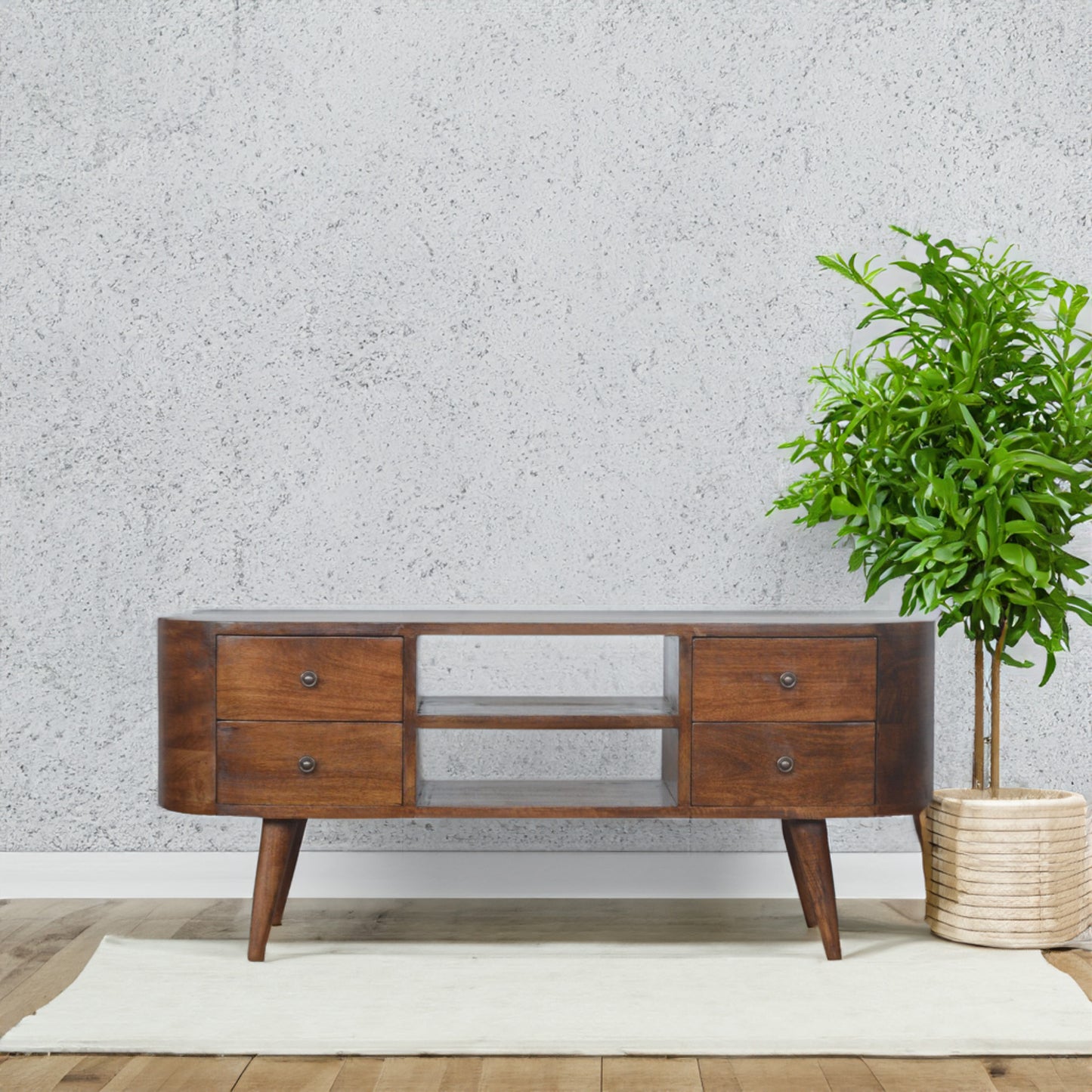 Rounded Solid Wood TV Stand In Chestnut Finish