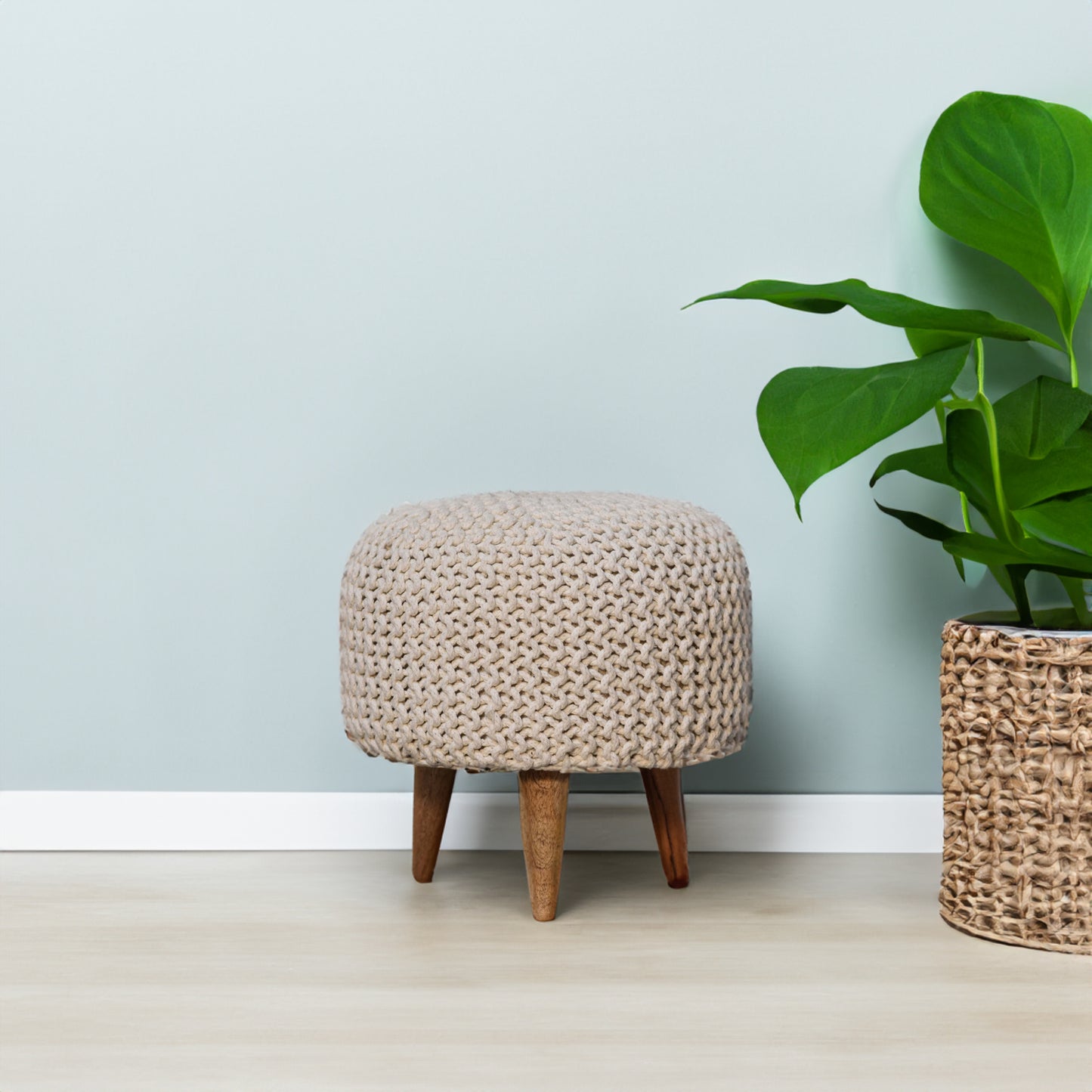 Off White Knitted Round Footstool in Oak Finish With Luxurious Cushioned Upholstery