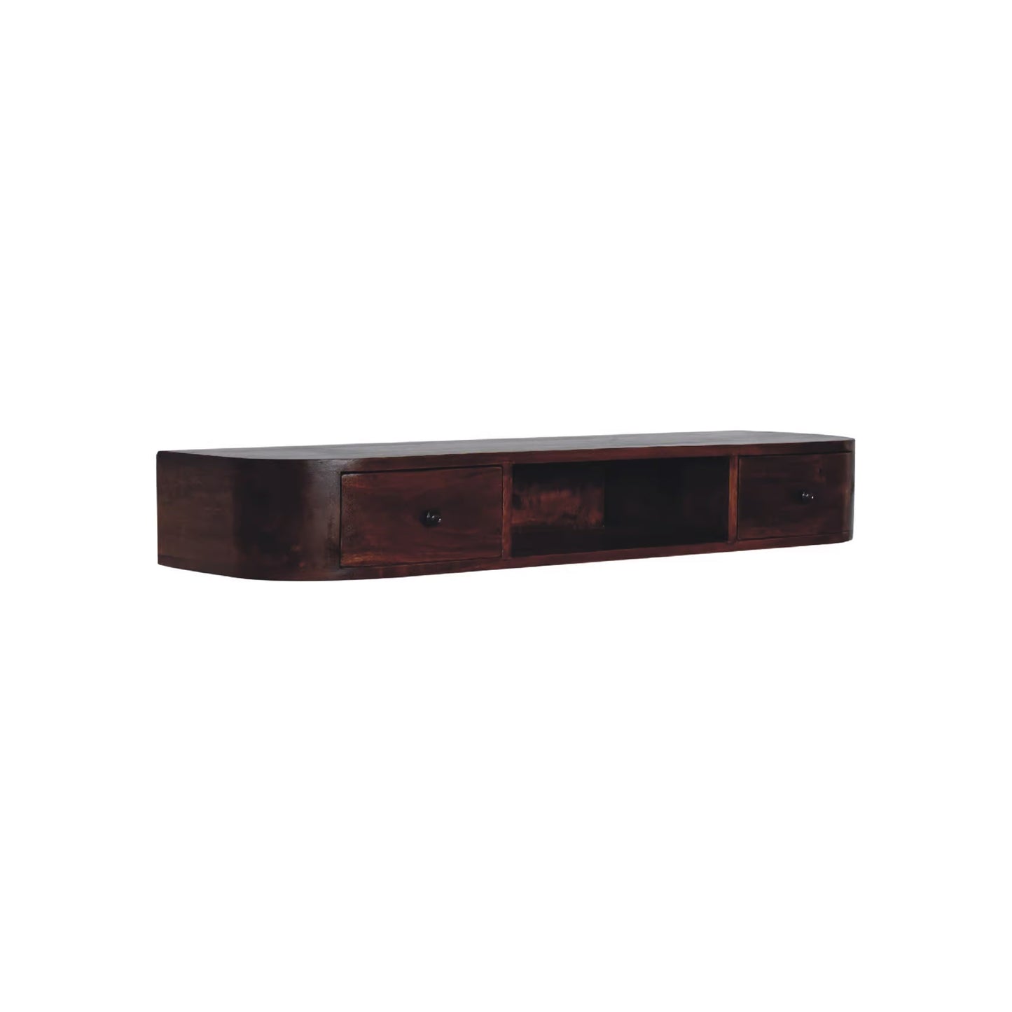 Floating Wall Mount Rounded 2 Drawer Open Slot Console Table In Chestnut Finish