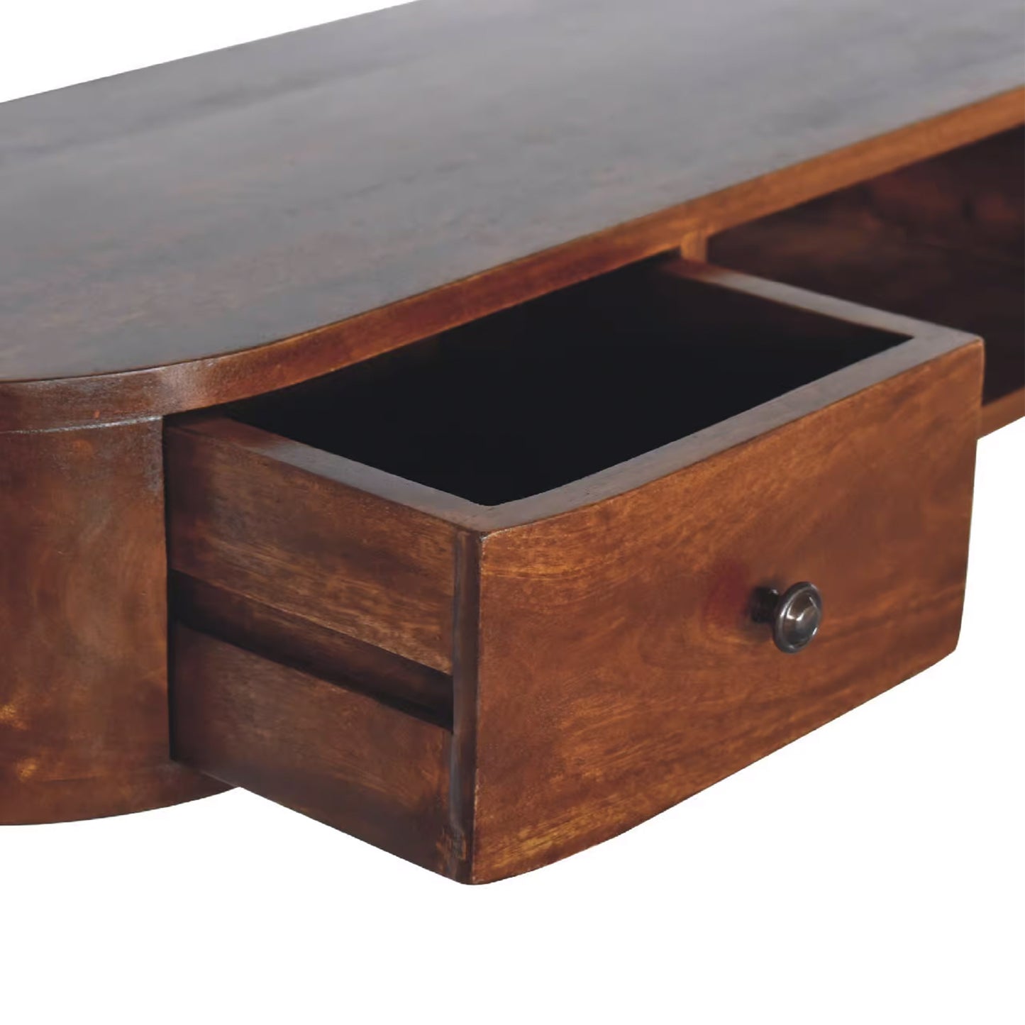 Floating Wall Mount Rounded 2 Drawer Open Slot Console Table In Chestnut Finish