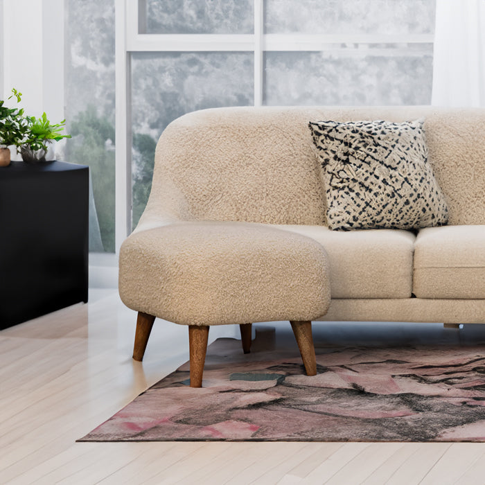 Bouclé Cream Square Footstool in Oak Finish With Luxurious Cushioned Upholstery