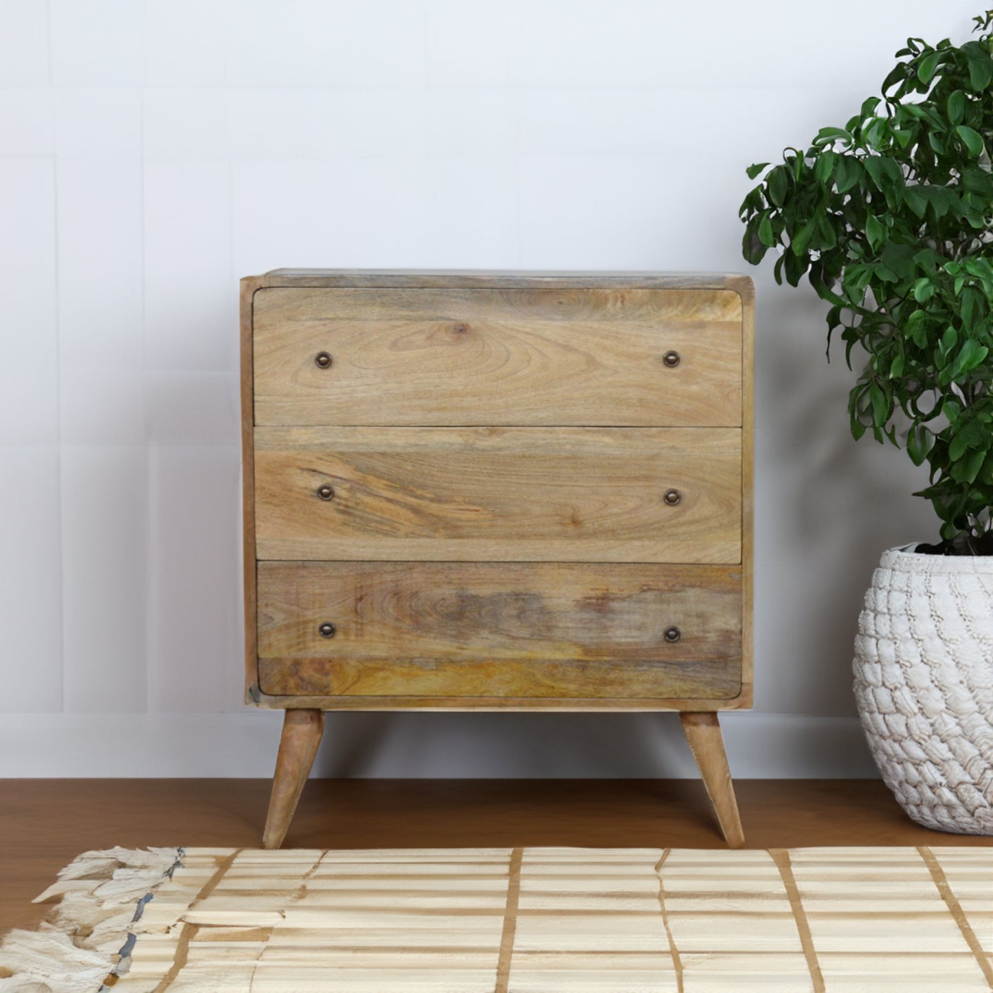 Curved 3 Drawer Solid Wood Chest Of Drawers In Oak Finish