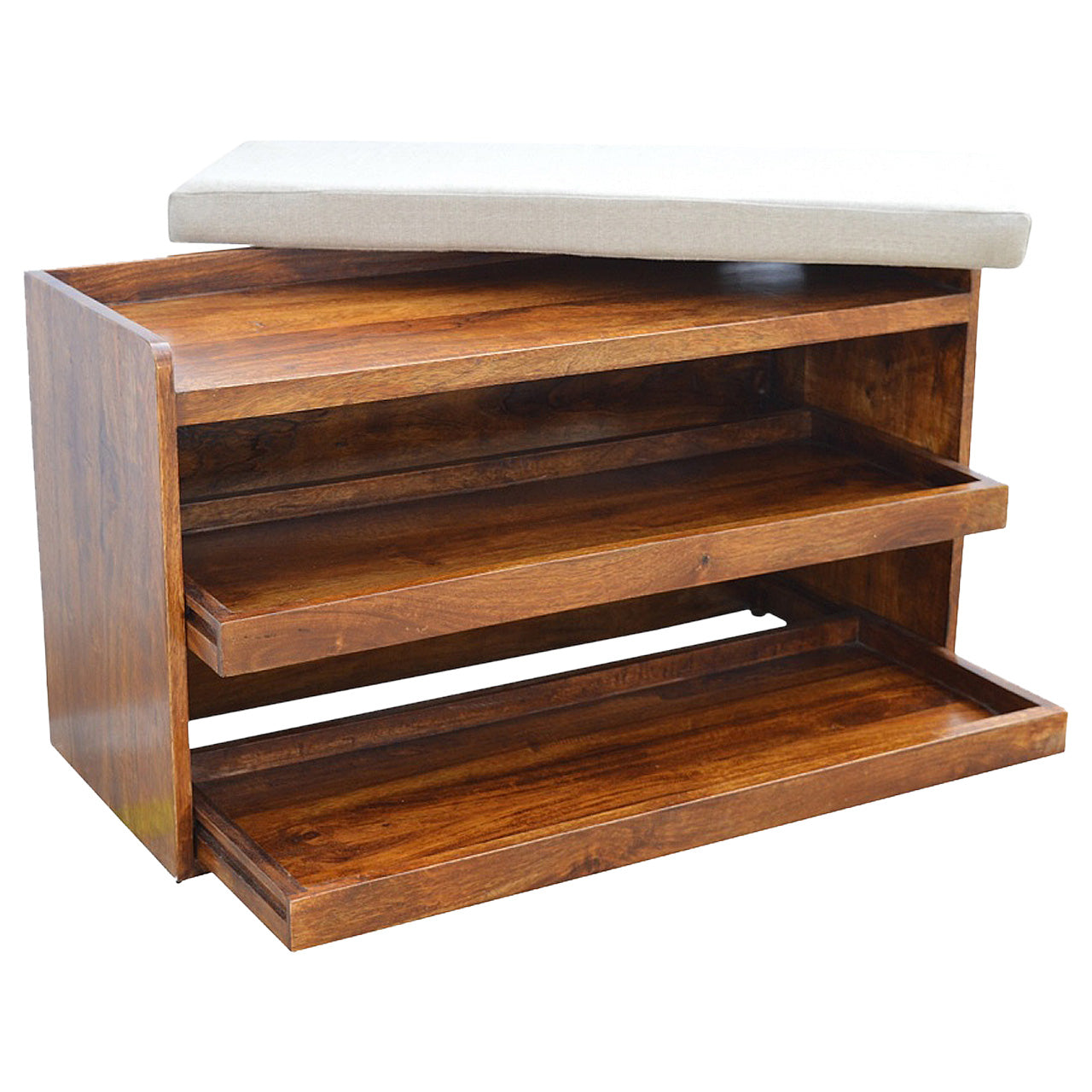 Pull Out Shelves Shoe Storage Bench With And Padded Seat In Chestnut Finish