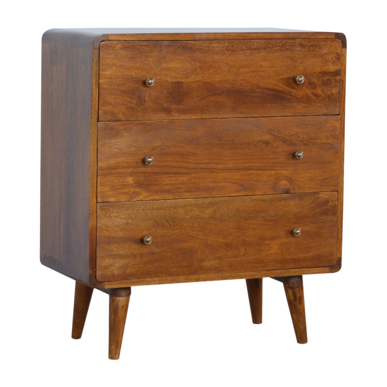 Curved 3 Drawer Solid Wood Chest Of Drawers In Chestnut Finish